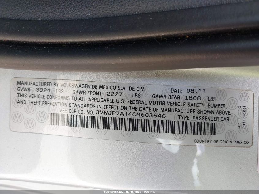 2012 Volkswagen Beetle 2.5L VIN: 3VWJP7AT4CM603646 Lot: 43164427