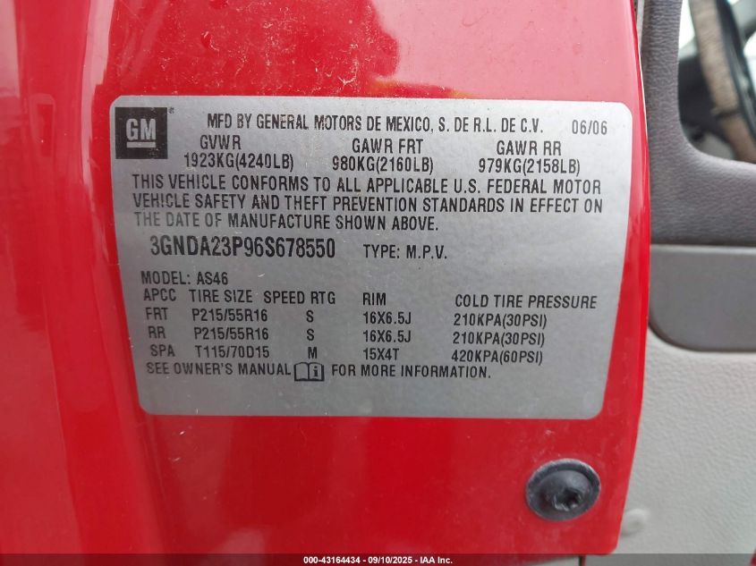 2006 Chevrolet Hhr Lt VIN: 3GNDA23P96S678550 Lot: 43164434