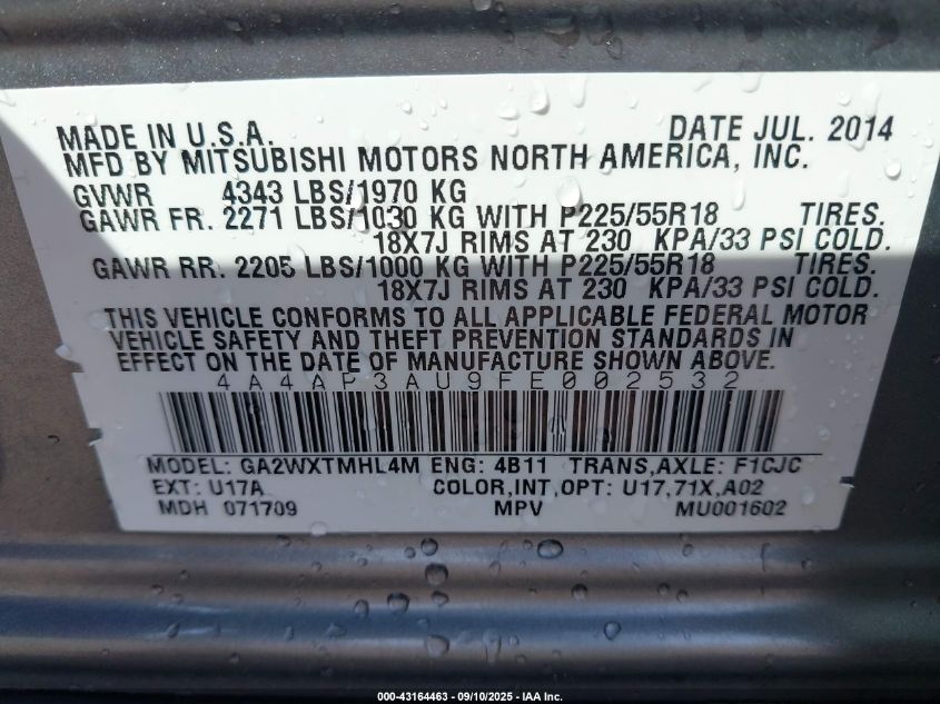 2015 Mitsubishi Outlander Sport Es VIN: 4A4AP3AU9FE002532 Lot: 43164463