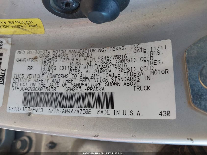 2012 Toyota Tacoma Prerunner V6 VIN: 5TFJU4GN9CX015450 Lot: 43164480