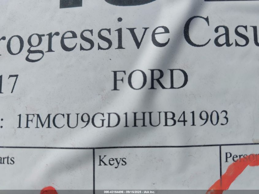 2017 Ford Escape Se VIN: 1FMCU9GD1HUB41903 Lot: 43164496