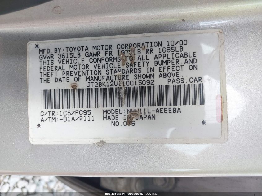 2001 Toyota Prius VIN: JT2BK12U110015092 Lot: 43164521