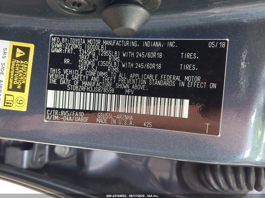 2018 TOYOTA HIGHLANDER LE/LE PLUS - 5TDBZRFH3JS878598