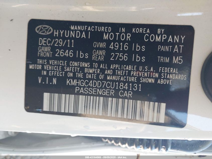 2012 Hyundai Genesis 3.8 VIN: KMHGC4DD7CU184131 Lot: 43164568