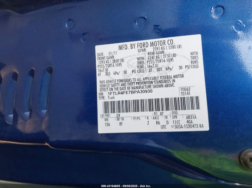 2011 Ford Ranger Xlt VIN: 1FTLR4FE7BPA30930 Lot: 43164605
