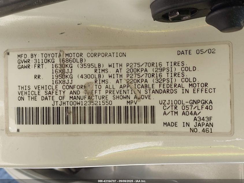 2002 Lexus Lx 470 VIN: JTJHT00W123521550 Lot: 43164707