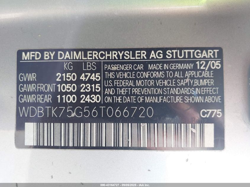 2006 Mercedes-Benz Clk 500 VIN: WDBTK75G56T066720 Lot: 43164727