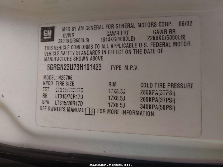 2003 Hummer H2 VIN: 5GRGN23U73H101423 Lot: 43164765
