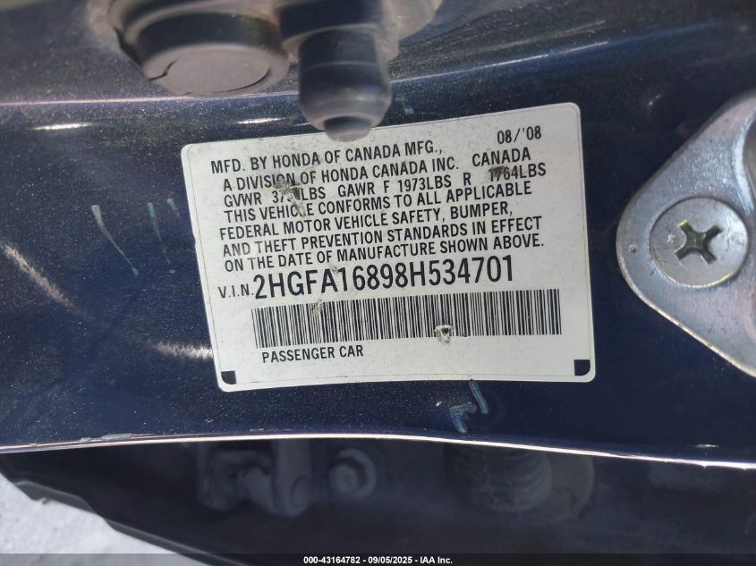 2008 Honda Civic Ex VIN: 2HGFA16898H534701 Lot: 43164782