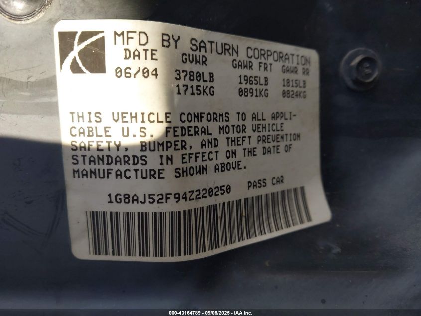 2004 Saturn Ion 2 VIN: 1G8AJ52F94Z220250 Lot: 43164789