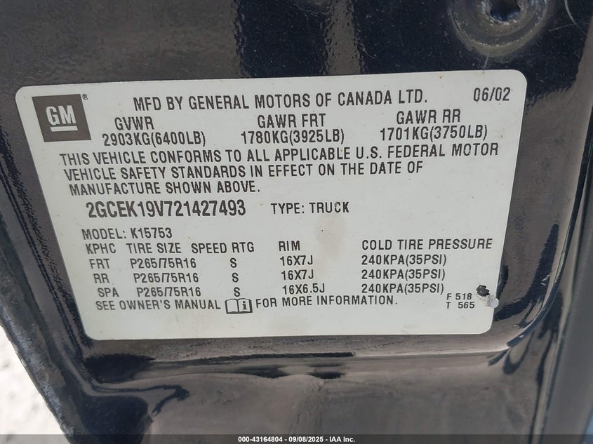 2002 Chevrolet Silverado 1500 Ls VIN: 2GCEK19V721427493 Lot: 43164804