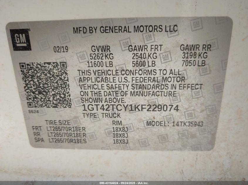 2019 GMC Sierra 3500Hd VIN: 1GT42TCY1KF229074 Lot: 43164824