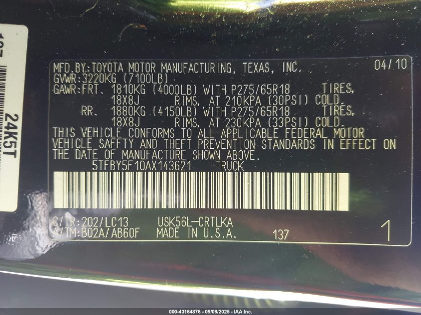2010 Toyota Tundra Limited 5.7L V8 VIN: 5TFBY5F10AX143621 Lot: 43164876