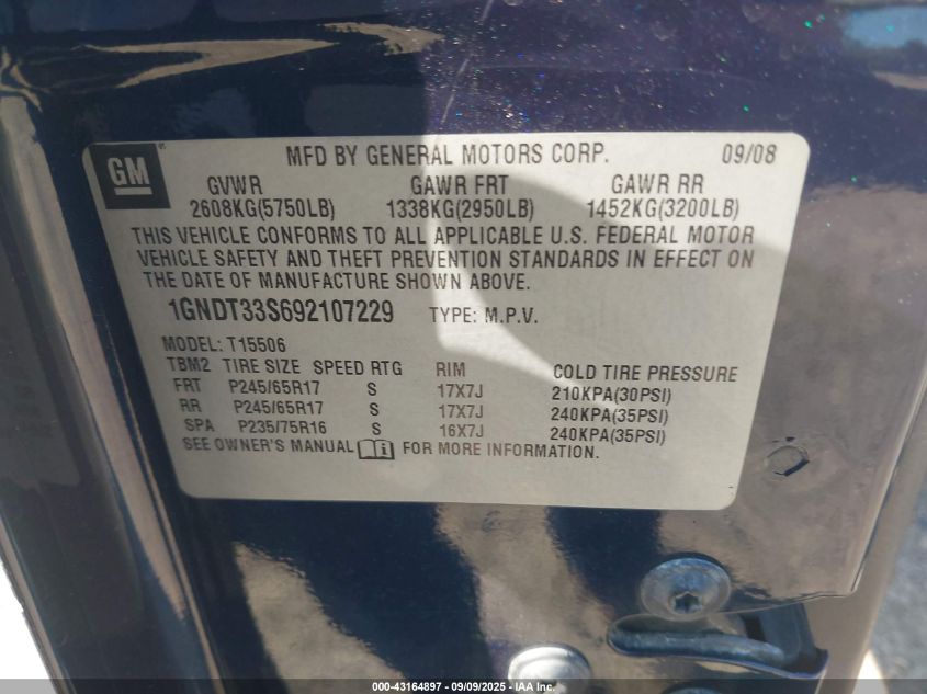 2009 Chevrolet Trailblazer VIN: 1GNDC33S692107229 Lot: 43164897