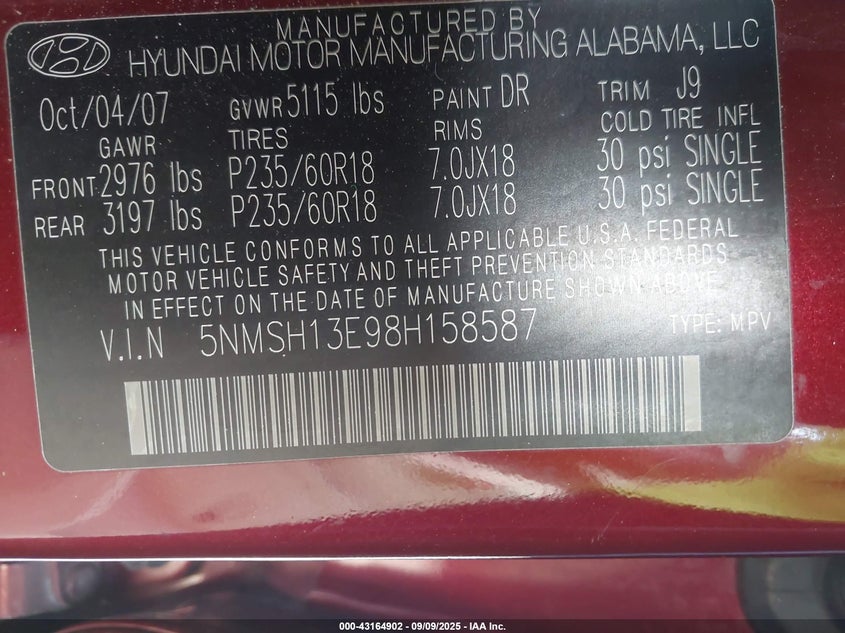 2008 Hyundai Santa Fe Limited/Se VIN: 5NMSH13E98H158587 Lot: 43164902