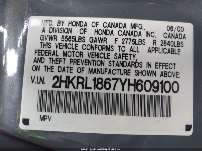 2000 Honda Odyssey Ex VIN: 2HKRL1867YH609100 Lot: 43164911