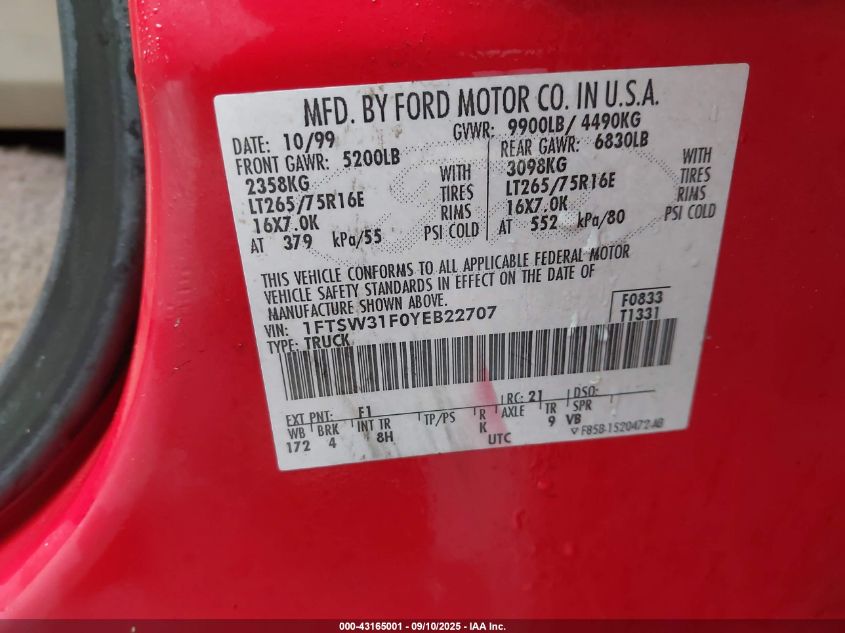 2000 Ford F-350 Lariat/Xl/Xlt VIN: 1FTSW31F0YEB22707 Lot: 43165001