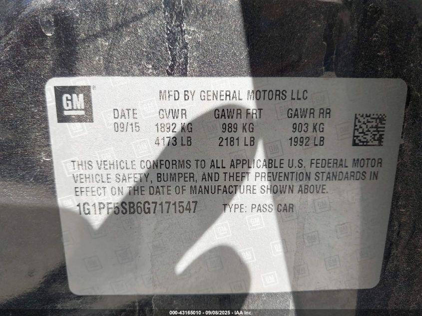 2016 Chevrolet Cruze Limited 2Lt Auto VIN: 1G1PF5SB6G7171547 Lot: 43165010