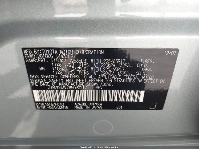 2008 Toyota Rav4 VIN: JTMZD33V785090217 Lot: 43165011