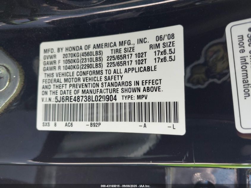 2008 Honda Cr-V Ex-L VIN: 5J6RE48738L029904 Lot: 43165015
