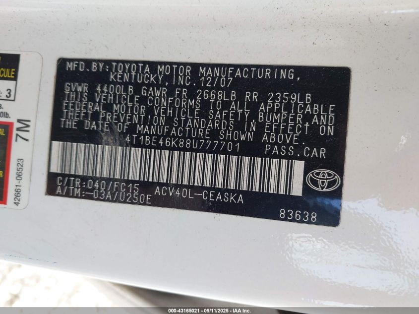 2008 Toyota Camry Se VIN: 4T1BE46K88U777701 Lot: 43165021