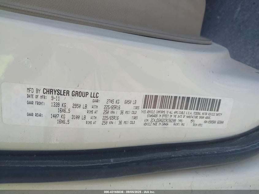 2012 Ram Cargo C/V VIN: 2C4JDGAG2CR156208 Lot: 43165036