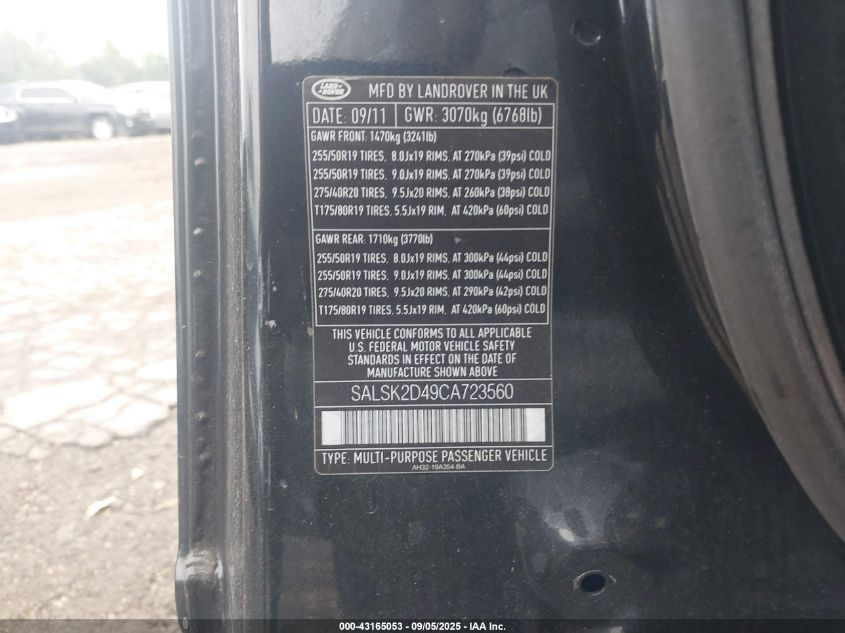 2012 Land Rover Range Rover Sport Hse VIN: SALSK2D49CA723560 Lot: 43165053
