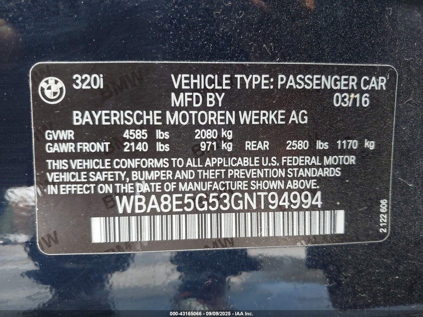 2016 BMW 320I XDRIVE WBA8E5G53GNT94994