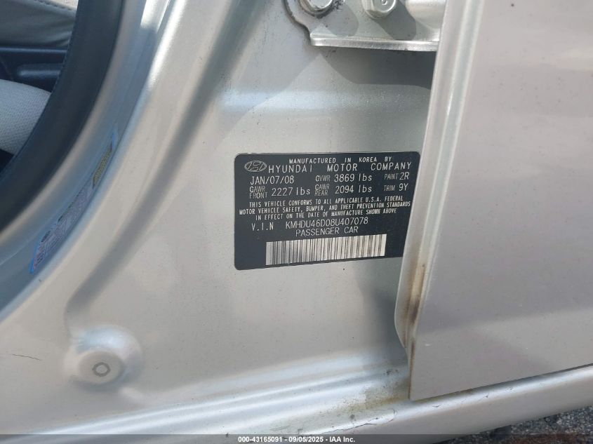 2008 Hyundai Elantra Gls/Se VIN: KMHDU46D08U407078 Lot: 43165091