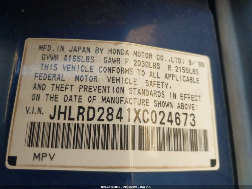 1999 Honda Cr-V Lx VIN: JHLRD2841XC024673 Lot: 43165095