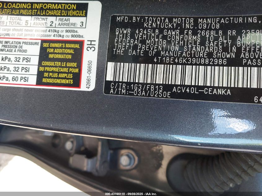 2009 Toyota Camry Le VIN: 4T1BE46K39U882986 Lot: 43165118