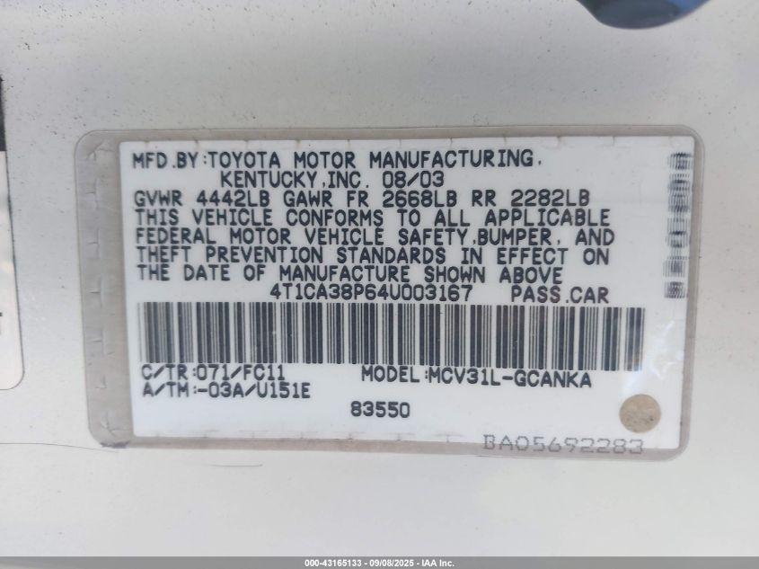 2004 Toyota Camry Solara Se Sport V6 VIN: 4T1CA38P64U003167 Lot: 43165133