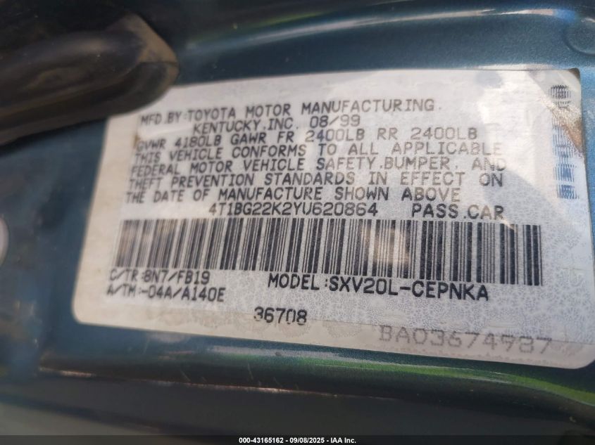 2000 Toyota Camry Le VIN: 4T1BG22K2YU620864 Lot: 43165162