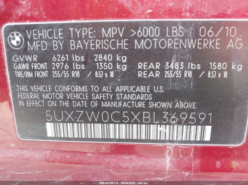 2011 BMW X5 xDrive35D VIN: 5UXZW0C5XBL369591 Lot: 43165174