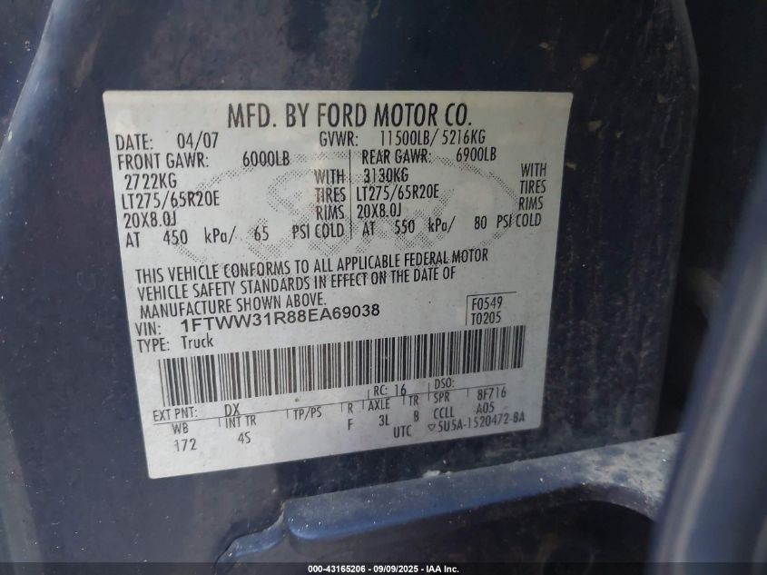 2008 Ford F-350 Fx4/Harley-Davidson/King Ranch/Lariat/Xl/Xlt VIN: 1FTWW31R88EA69038 Lot: 43165206