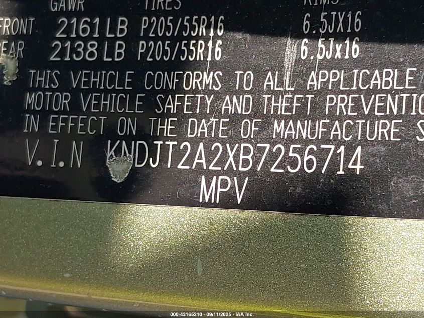 2011 Kia Soul + VIN: KNDJT2A2XB7256714 Lot: 43165210