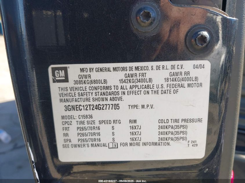 2004 Chevrolet Avalanche 1500 VIN: 3GNEC12T24G277705 Lot: 43165227