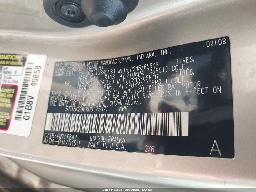 2008 Toyota Sienna Ce VIN: 5TDZK23CX8S175173 Lot: 43165229