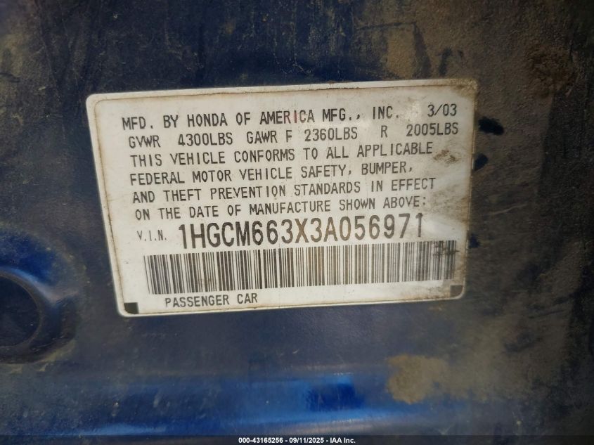 2003 Honda Accord 3.0 Lx VIN: 1HGCM663X3A056971 Lot: 43165256