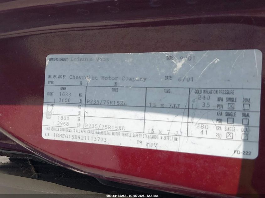 2002 Chevrolet Express VIN: 1GBFG15R921113773 Lot: 43165258