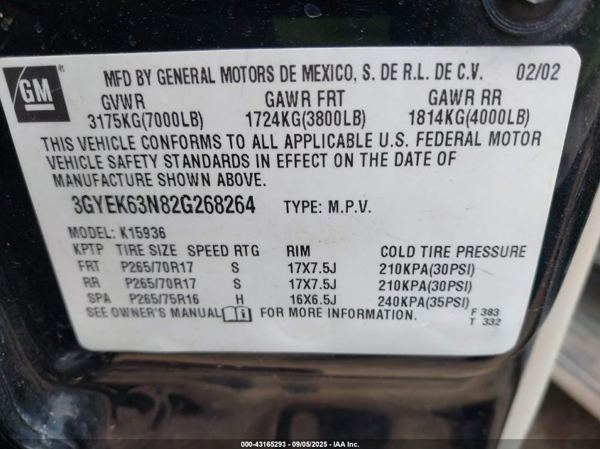 2002 Cadillac Escalade Ext Standard VIN: 3GYEK63N82G268264 Lot: 43165293