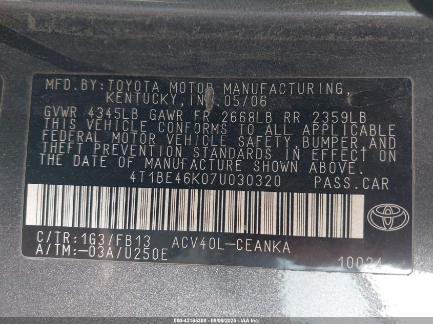 2007 Toyota Camry Le VIN: 4T1BE46K07U030320 Lot: 43165308