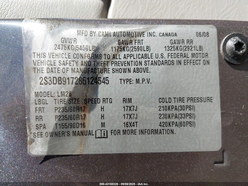 2008 Suzuki Xl7 Limited VIN: 2S3DB917286124545 Lot: 43165326