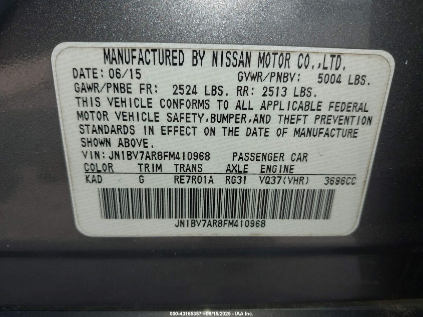 2015 Infiniti Q50 Premium VIN: JN1BV7AR8FM410968 Lot: 43165357