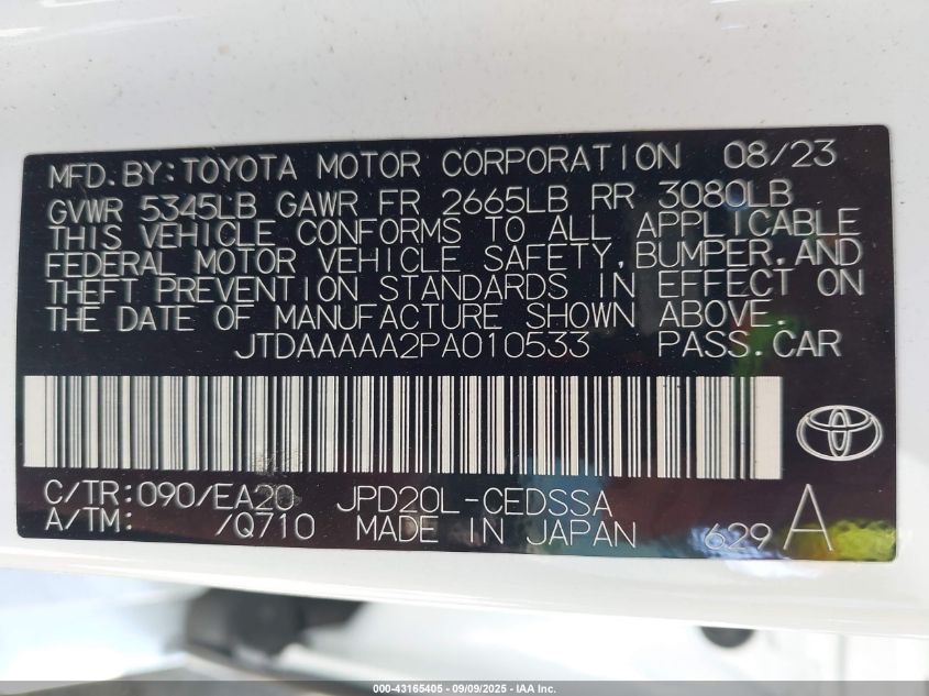 2023 Toyota Mirai Xle VIN: JTDAAAAA2PA010533 Lot: 43165405