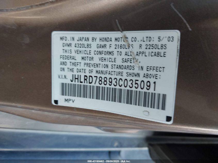 2003 Honda Cr-V Ex VIN: JHLRD78893C035091 Lot: 43165462