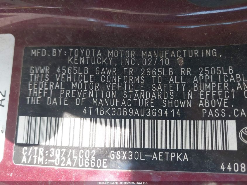 2010 Toyota Avalon Limited VIN: 4T1BK3DB9AU369414 Lot: 43165470