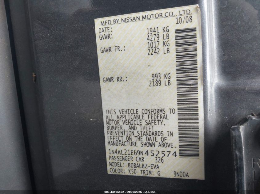 2009 Nissan Altima 2.5 S VIN: 1N4AL21E69N452574 Lot: 43165502