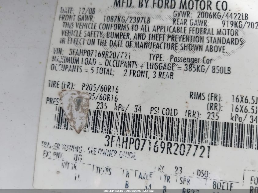 2009 Ford Fusion Se VIN: 3FAHP07169R207721 Lot: 43165546