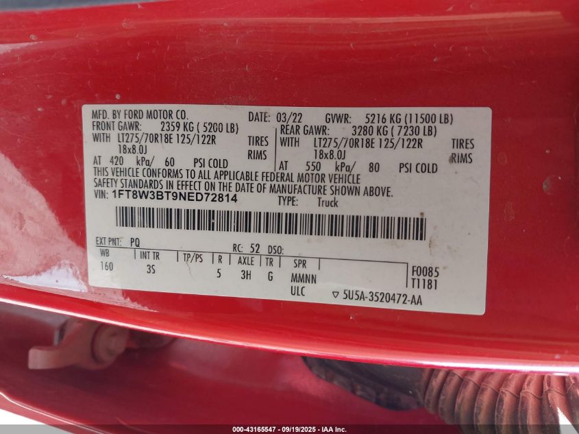 2022 Ford F-350 Xlt VIN: 1FT8W3BT9NED72814 Lot: 43165547